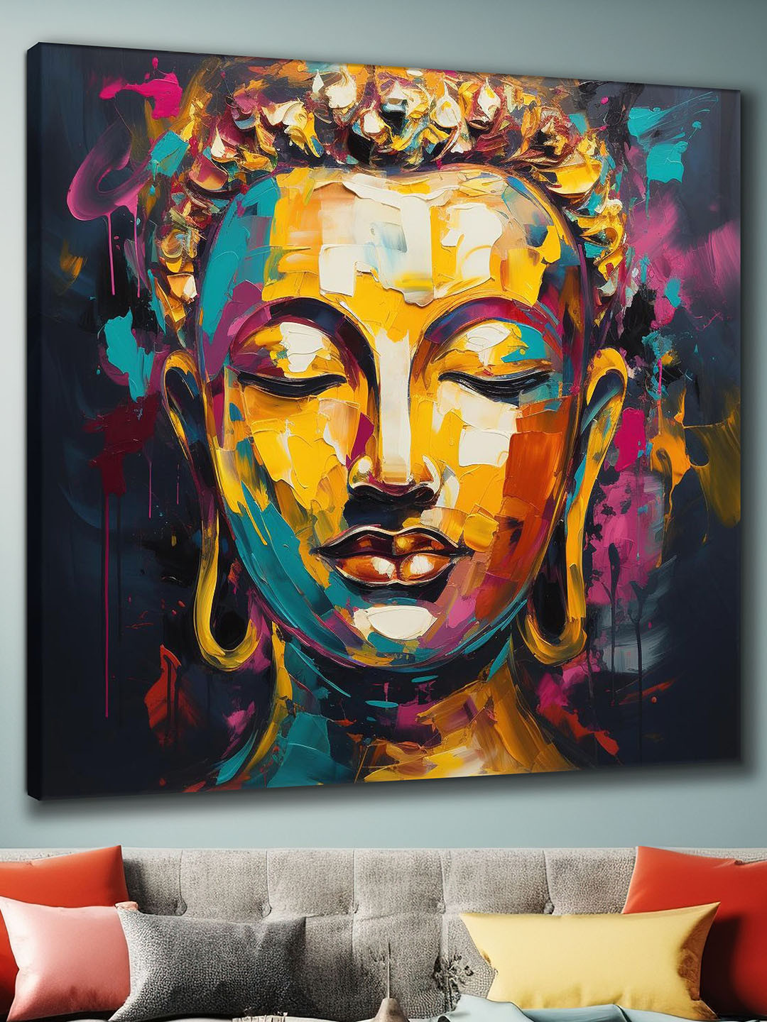SAF Yellow & Blue Wooden Framed Lord Buddha Canvas Wall Art