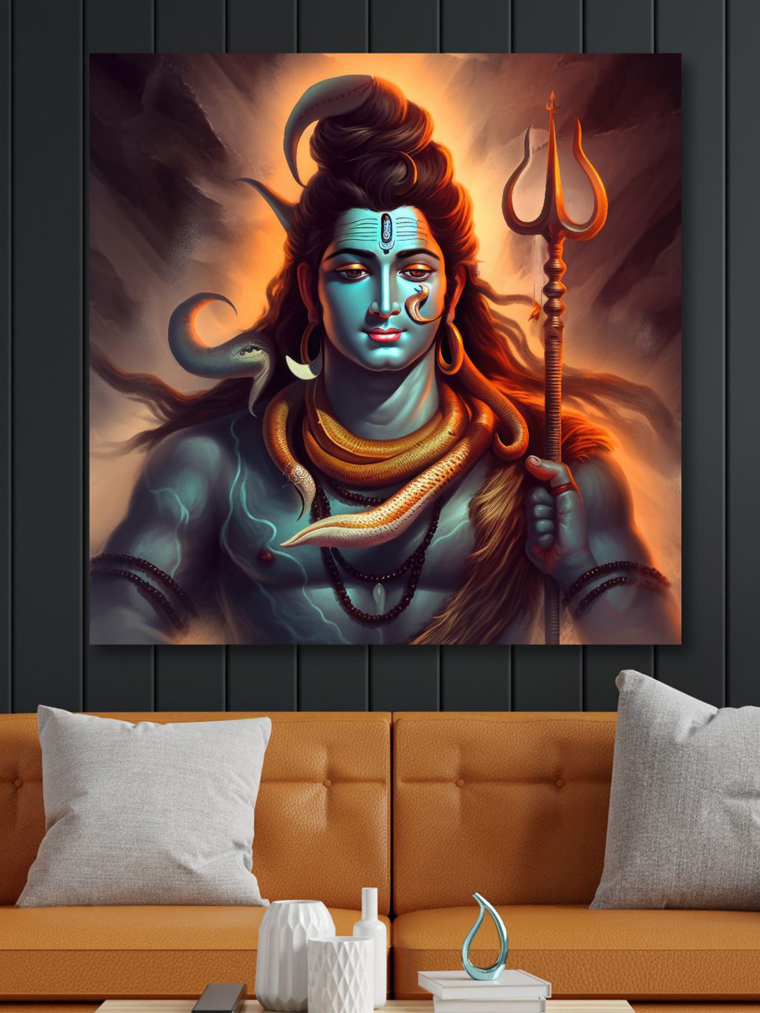 SAF Red & Blue Wooden Framed Lord Shiva Canvas Wall Art