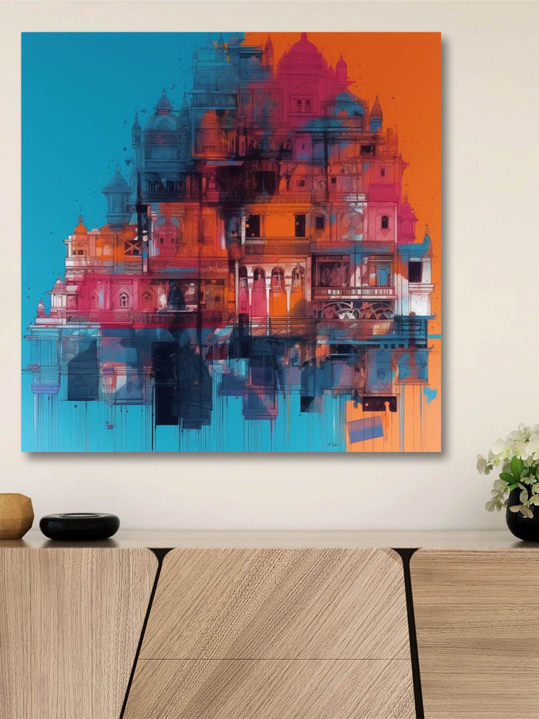 SAF Blue & Red Wooden Framed Vintage City Canvas Wall Art