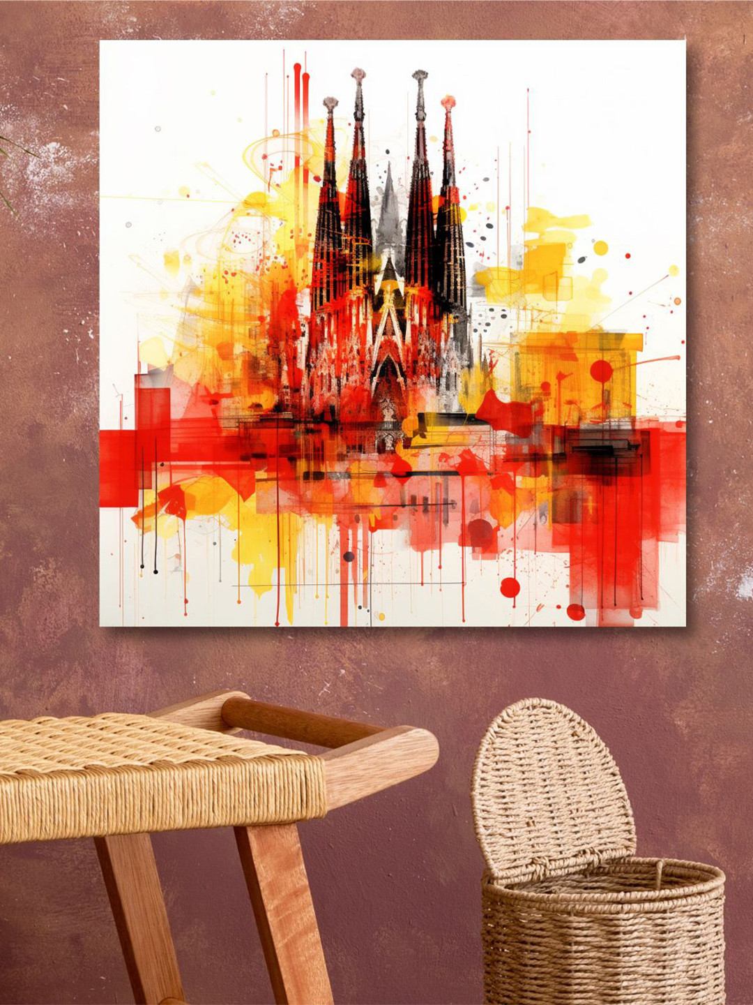 SAF White & Yellow Wooden Framed Vintage City Canvas Painting Wall Art