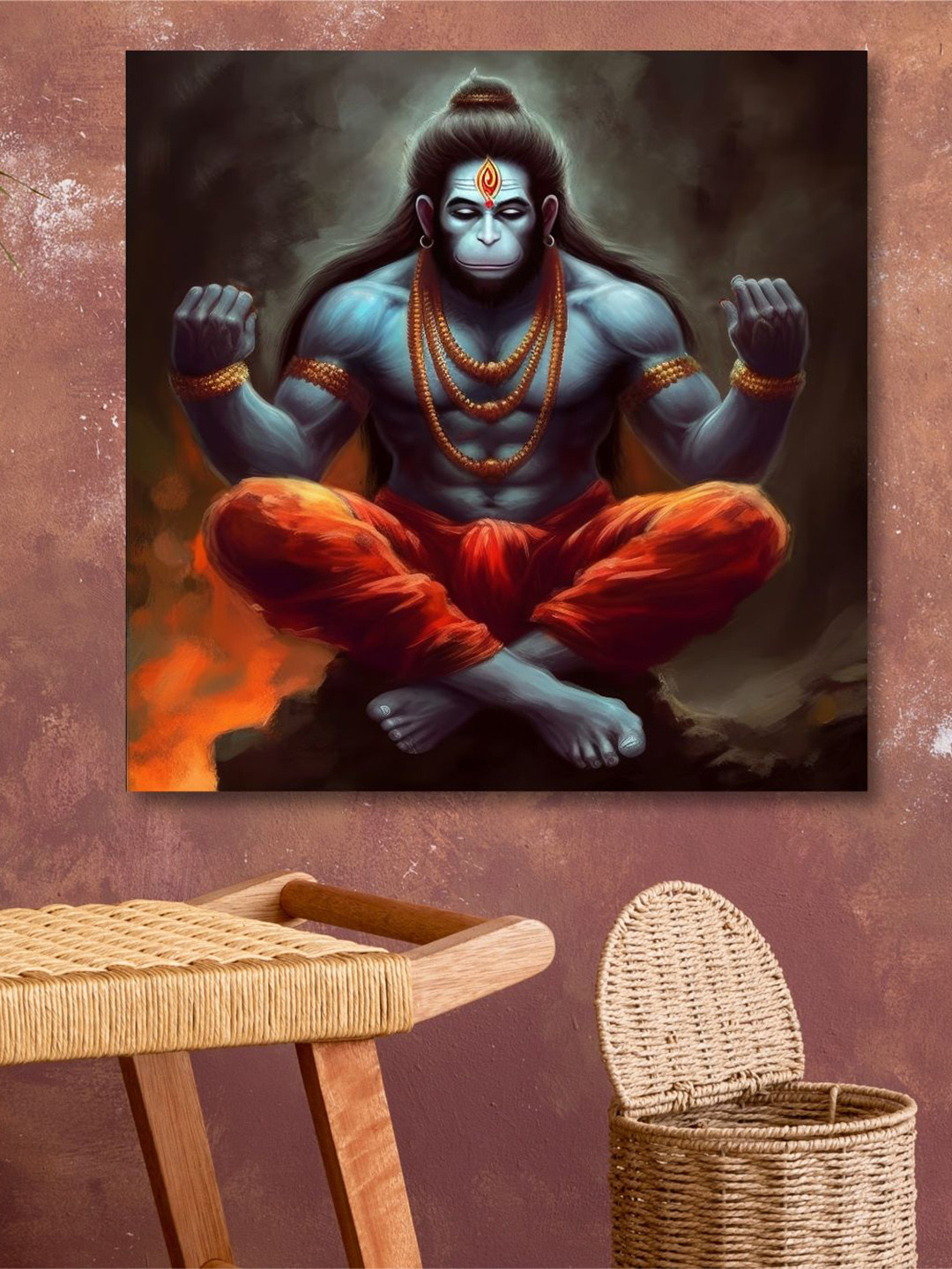 SAF Grey & Orange Wooden Framed Lord Hanuman Art Canvas Wall Painting Wall Art