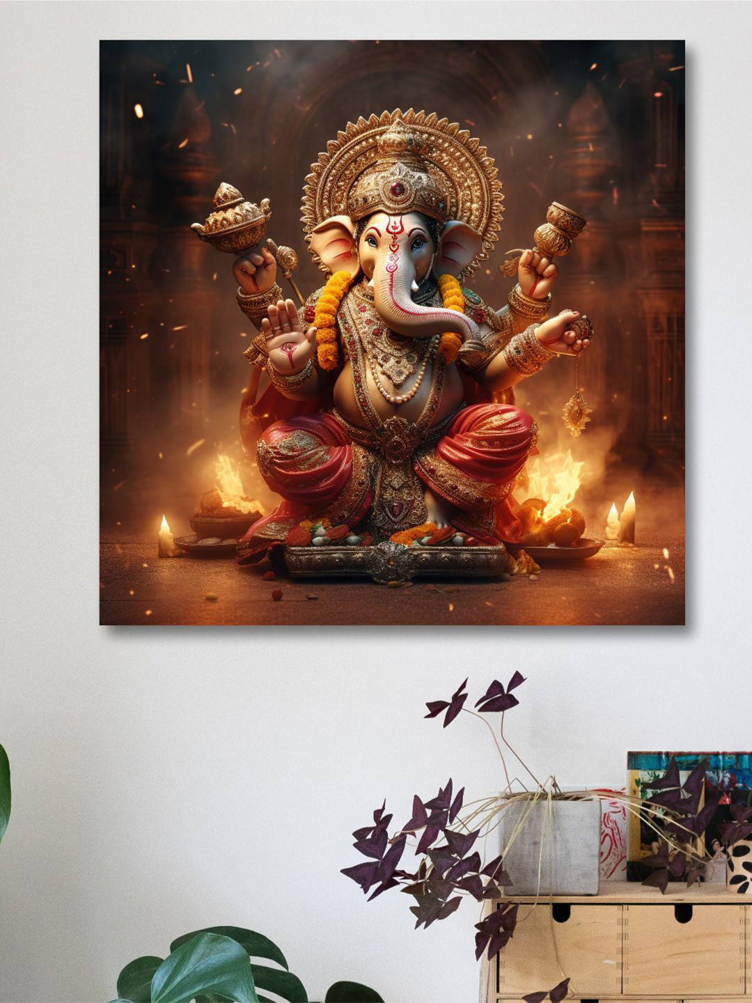SAF Lord Ganesha Orange MDF Wall Living Room Square Potrait Paintings Wall Art -24 x 24In