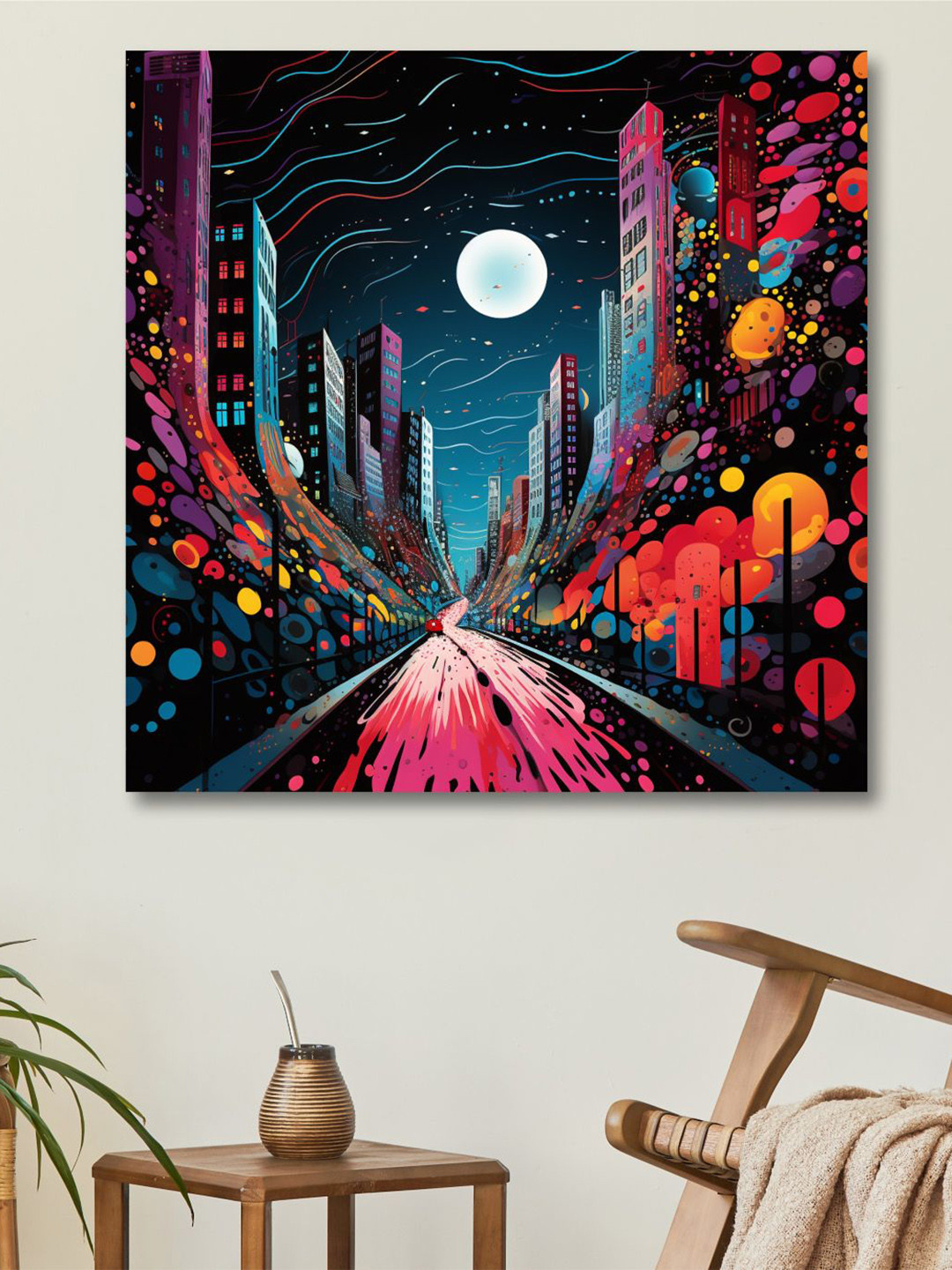 SAF Blue & Pink Wooden Framed Vintage City Canvas Painting Wall Art