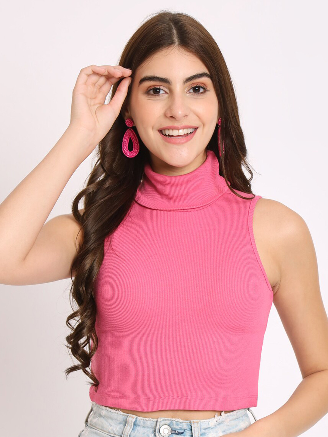 CHARMGAL Turtle Neck Ribbed Modal Crop Top