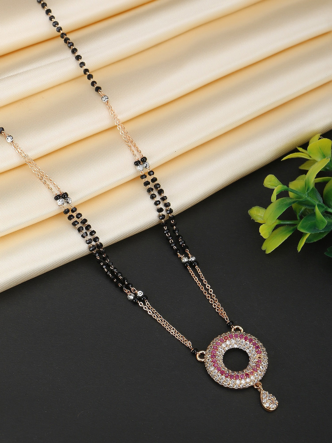 Adwitiya Collection Silver-Plated Circle Shape Stone-Studded Mangalsutra