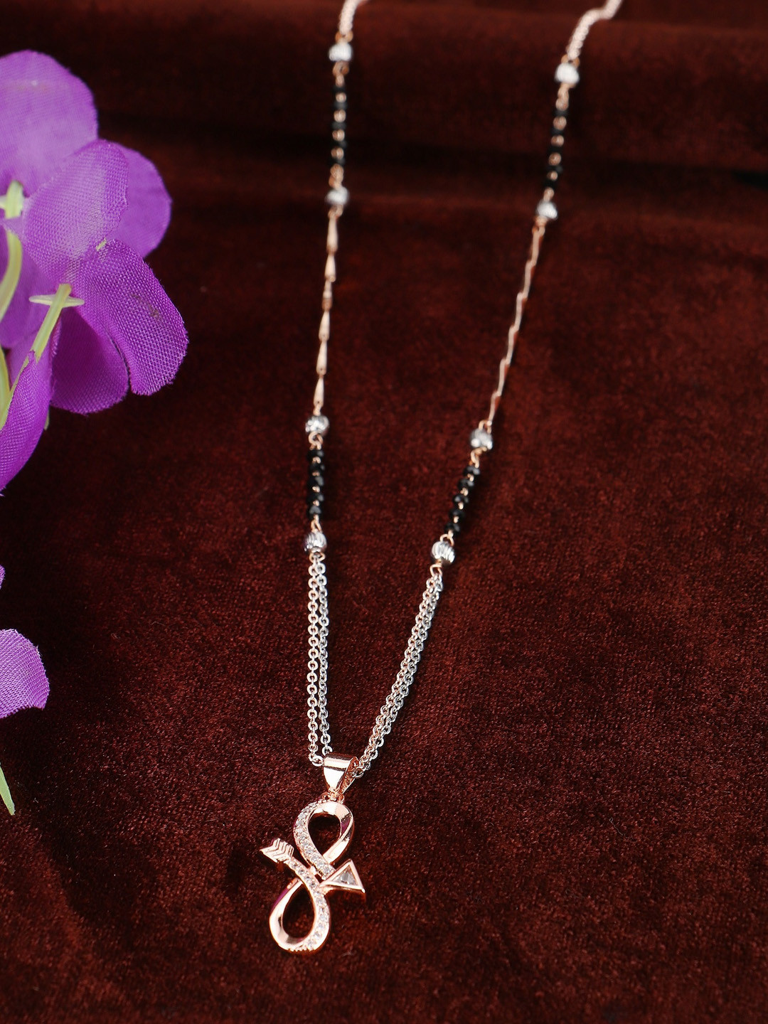 Adwitiya Collection Rose Gold-Plated Stone-Studded S-Arrow Charm Mangalsutra