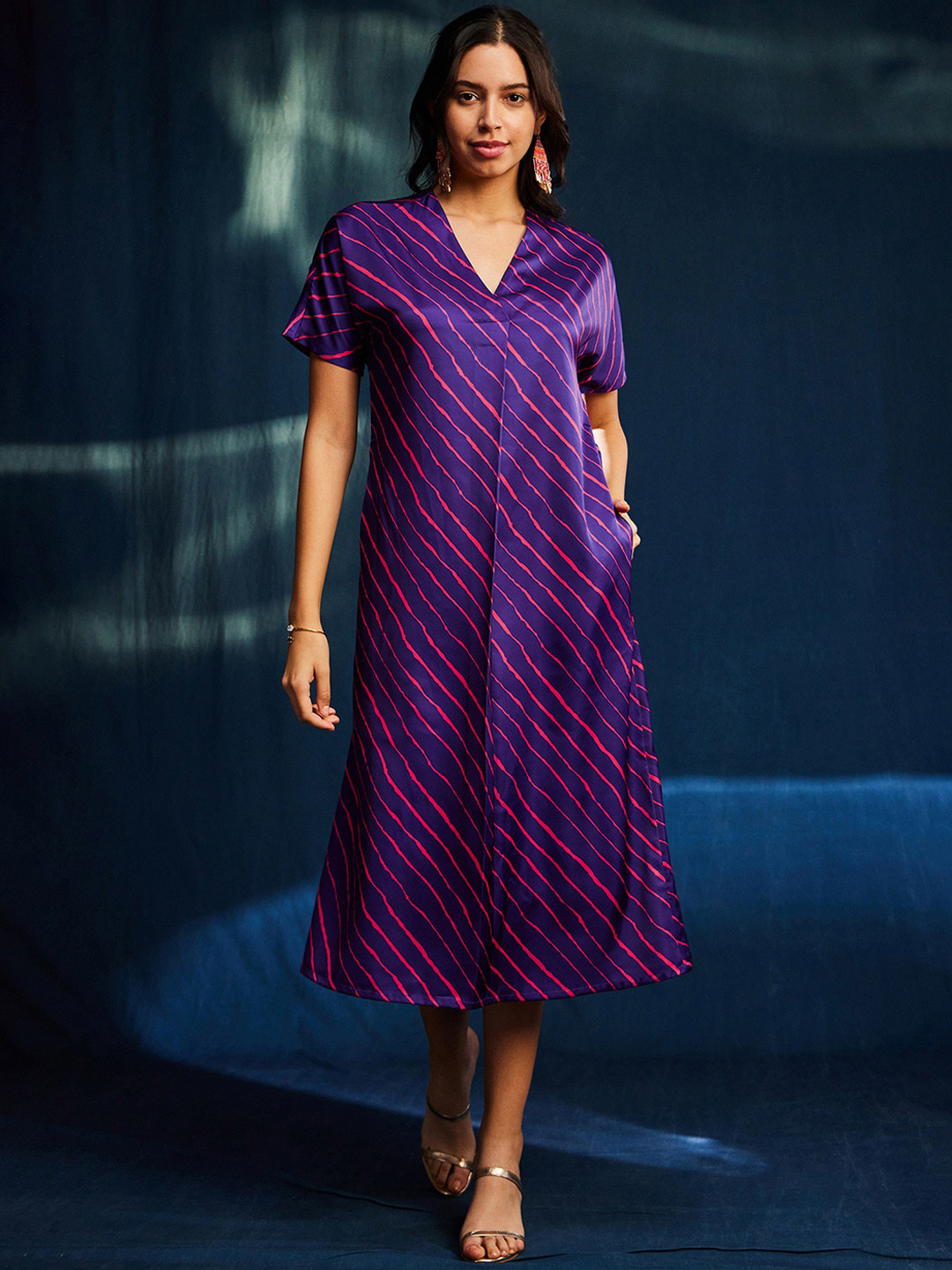 Pink Fort Striped V-Neck A-Line Midi Dress