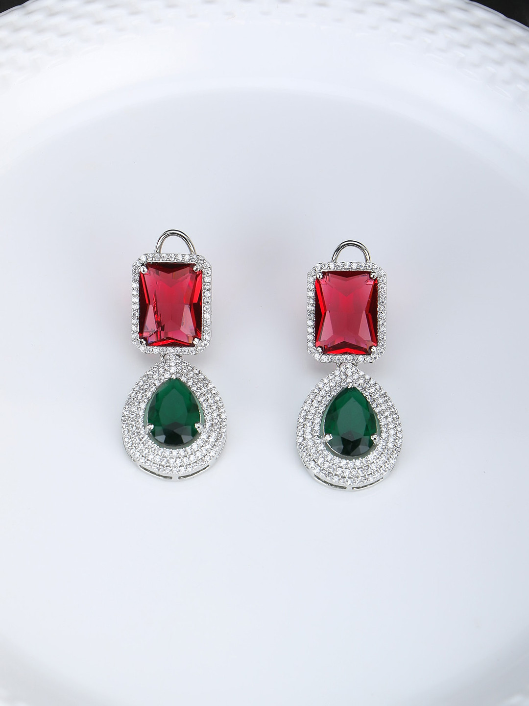 Adwitiya Collection Rhodium-Plated Emerald Classic Drop Earrings
