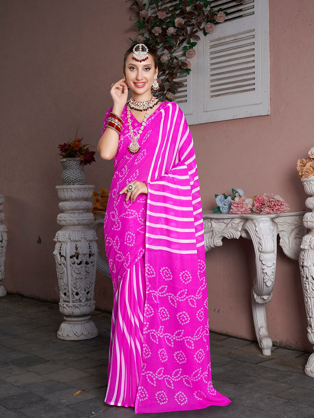 Anouk Rustic Pink & White Bandhani Saree