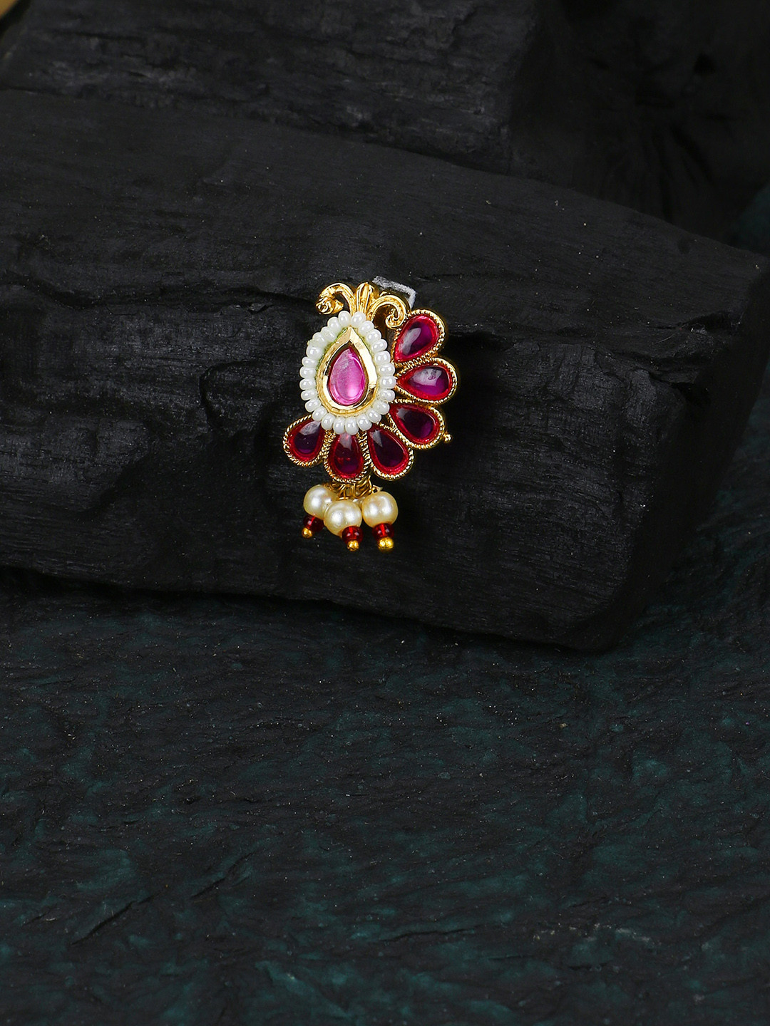 Adwitiya Collection Gold-Plated Stone-Studded & Beaded Nose Pin