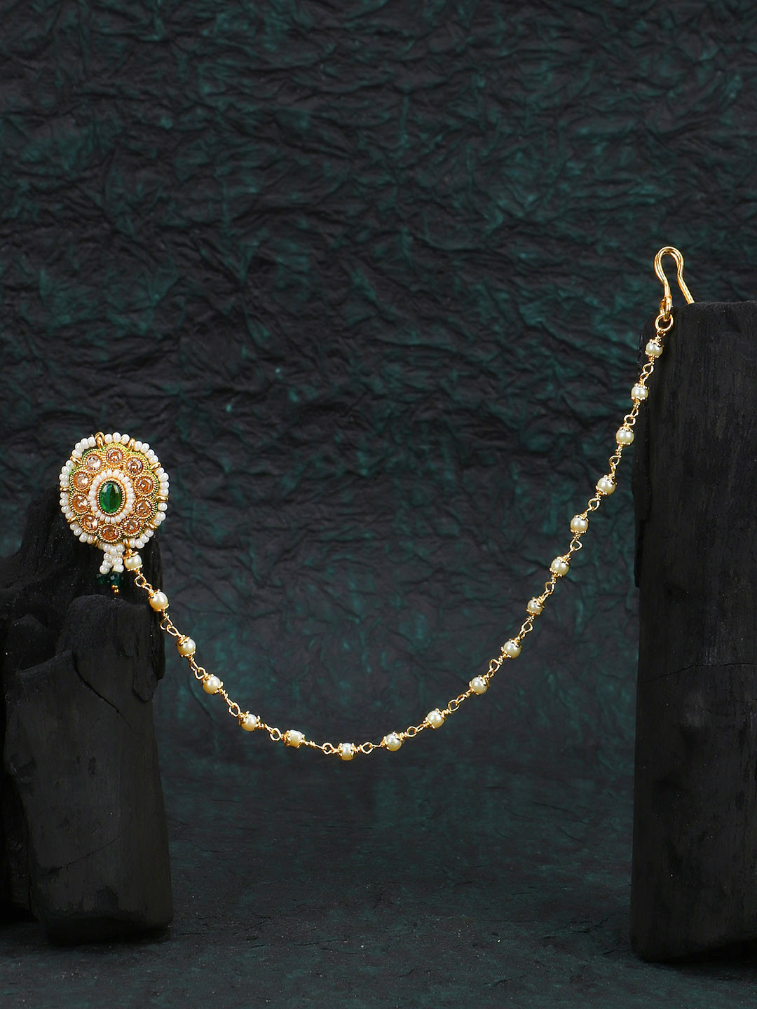 Adwitiya Collection Gold-Plated Flower Stone Studded & Beaded Nose Pin With Chain