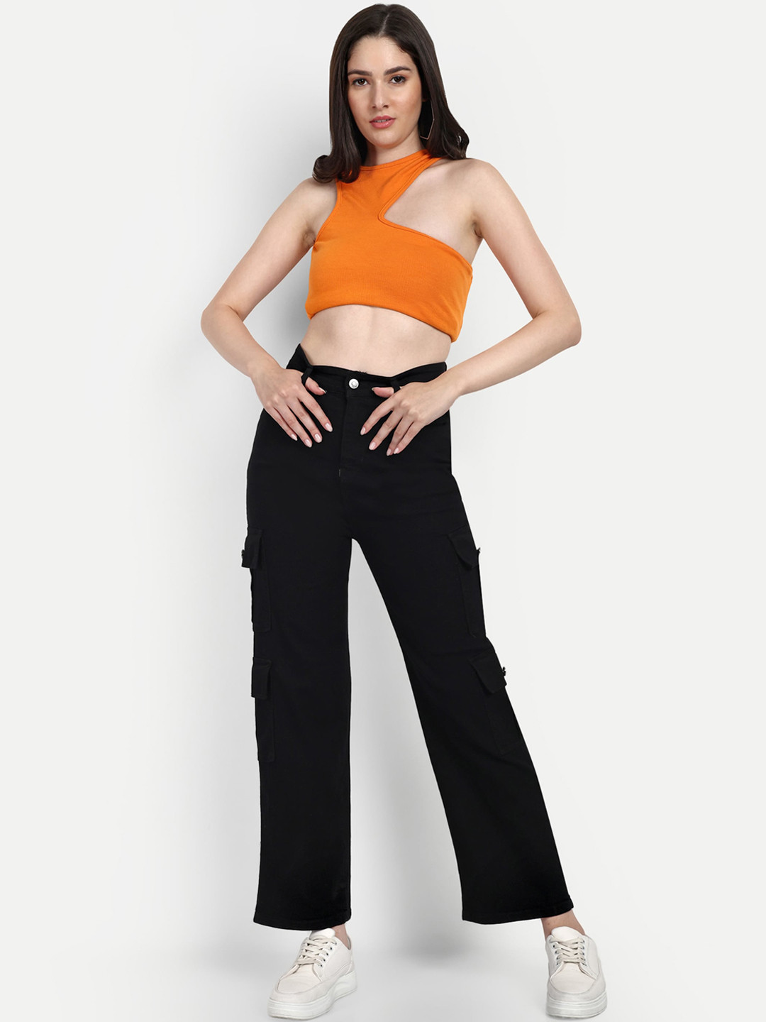 BROADSTAR Women Smart Wide Leg High-Rise Stretchable Cargo Jeans