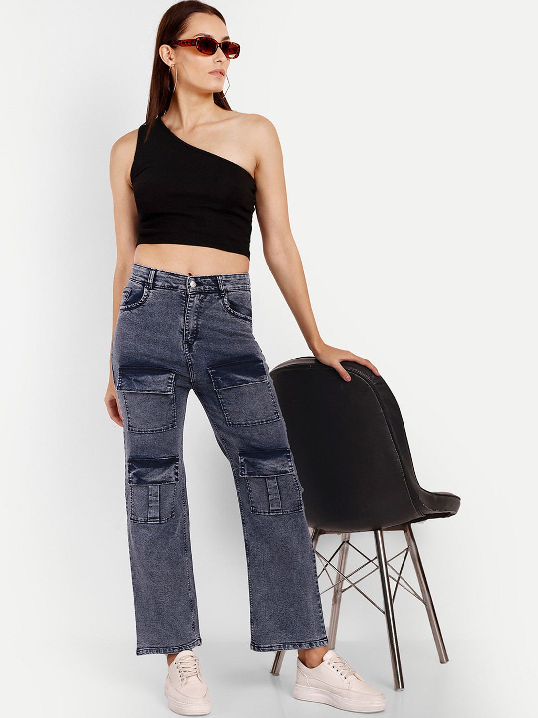 BROADSTAR Women Smart Wide Leg Stretchable Clean Look Light Fade Cargo Jeans
