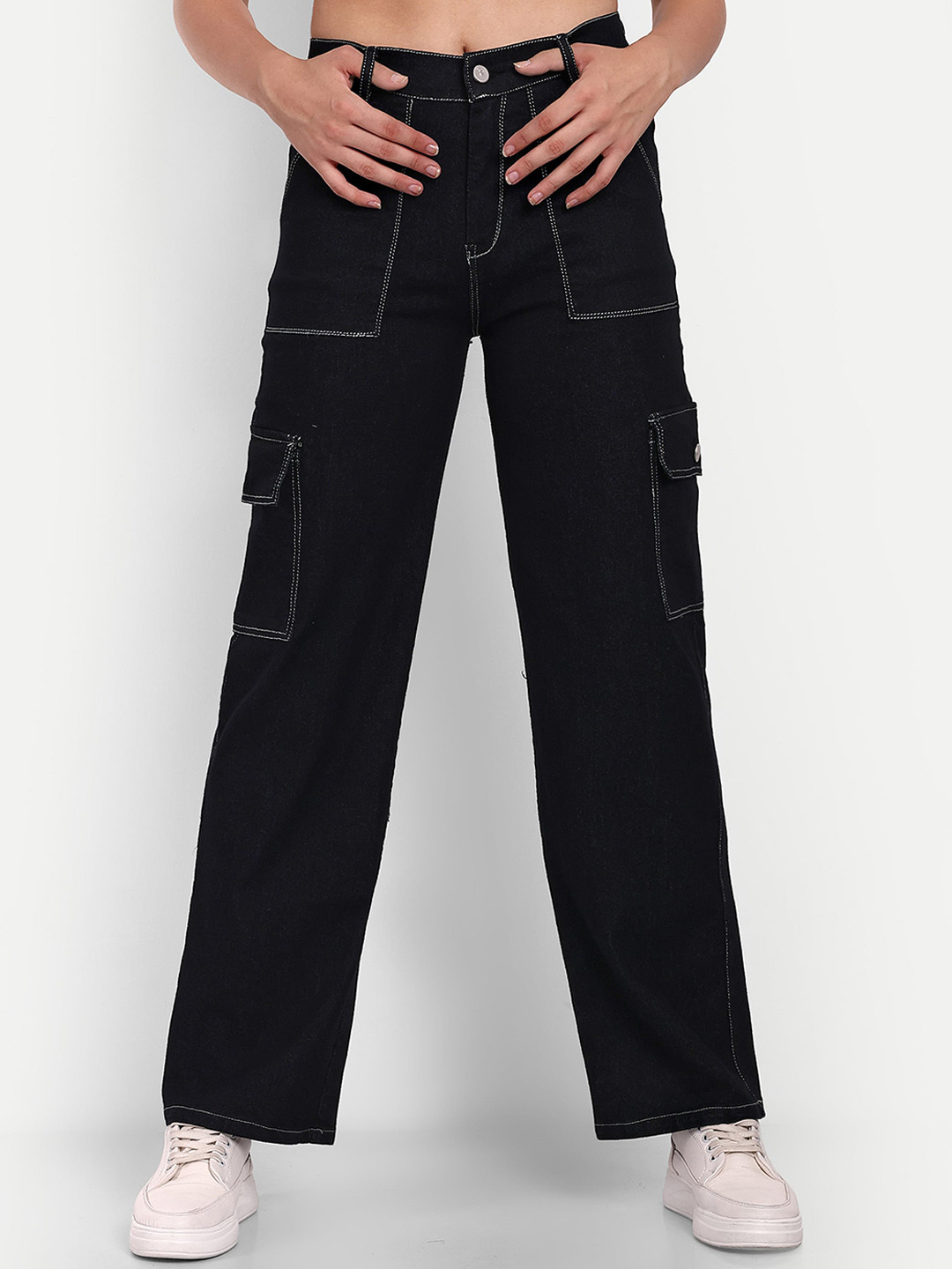 Next One Women Black Smart Wide Leg High-Rise Clean Look Stretchable Jeans