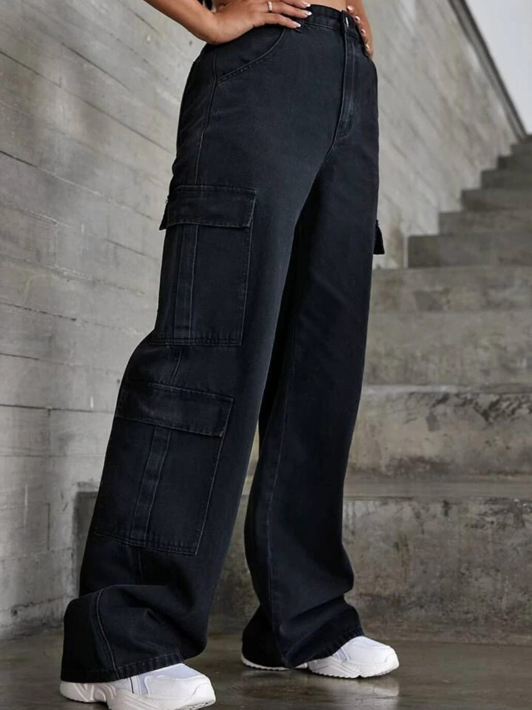 Next One Women Black Smart Wide Leg High-Rise Clean Look Cotton Stretchable Cargos