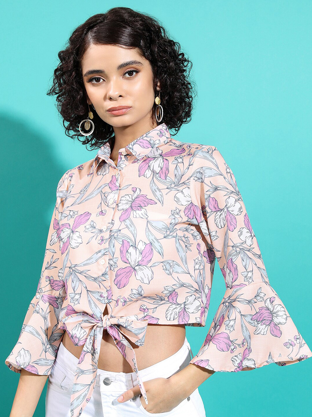 Vishudh Floral Printed Bell Sleeves Tie-Up Detail Shirt Style Crop Top