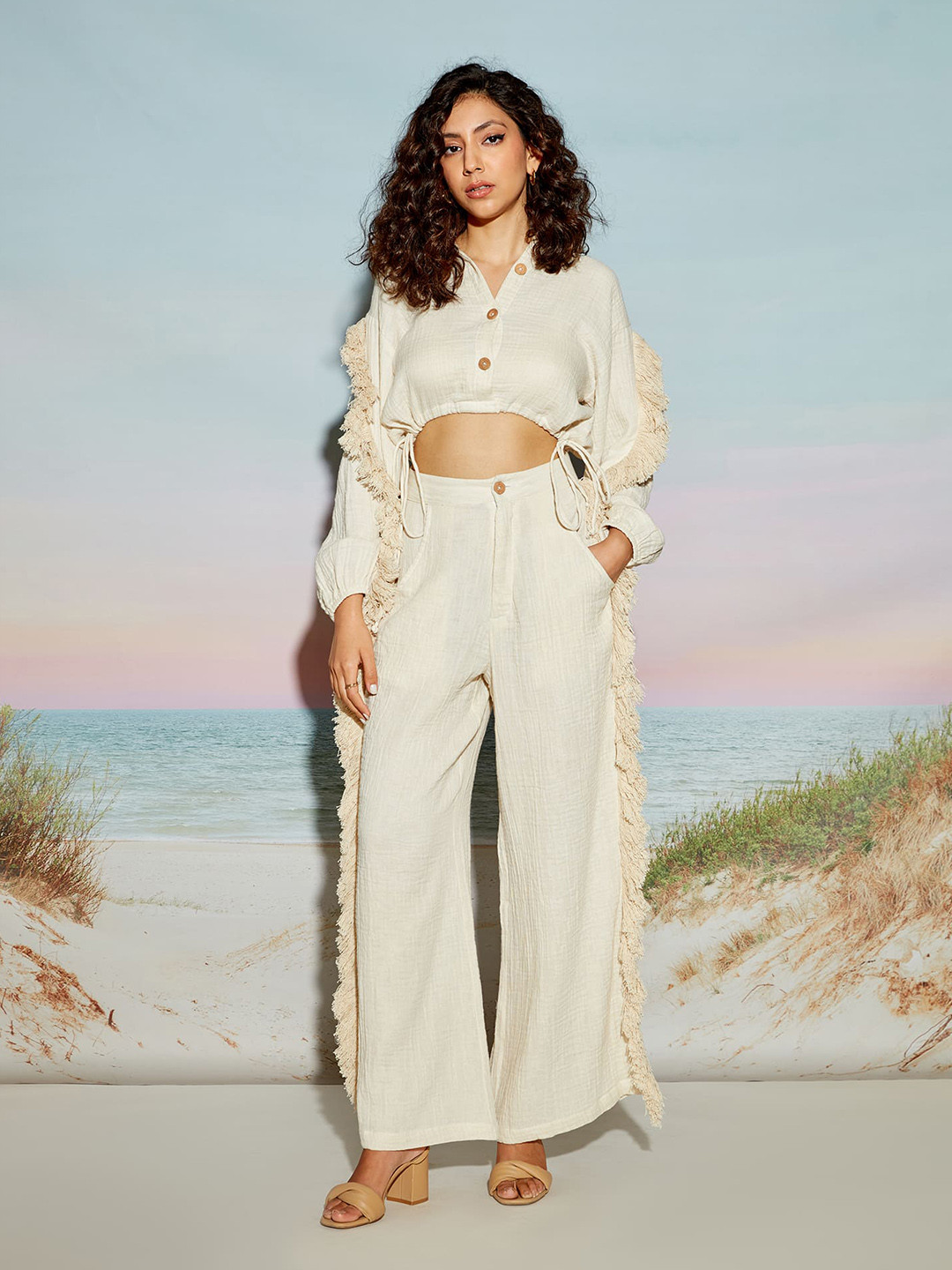 THE CLOTHING FACTORY Mandarin Collar Puff Sleeves Fringed Pure Cotton Shirt Style Crop Top