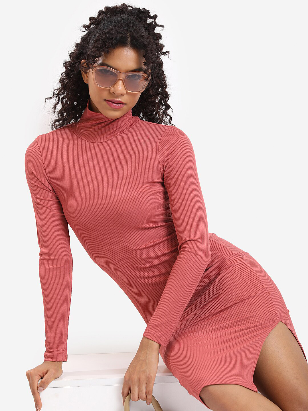 Tokyo Talkies Brown High Neck Ribbed Bodycon Dress