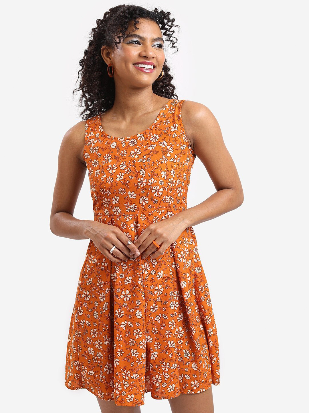 Tokyo Talkies Mustard Yellow & White Yellow Floral Printed Fit And Flare Mini Dress