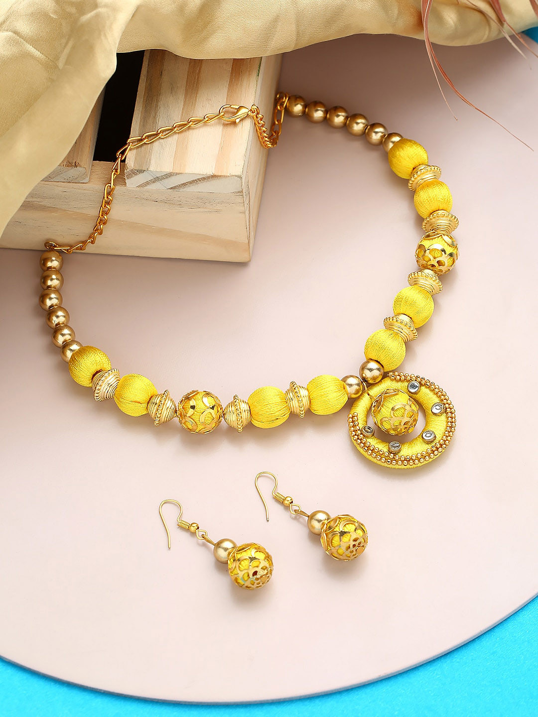 AKSHARA Gold-Plated German Silver Artificial Stones and Beads Necklace With Earrings