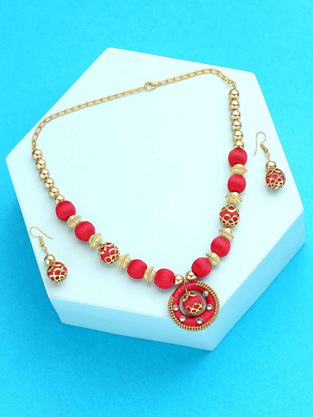 AKSHARA Gold-Plated Red Stone Studded Necklace & Earrings Set