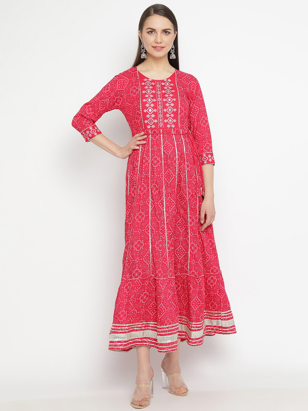 aayusika Geometric Printed Embroidred A-Line Midi Ethnic Dress