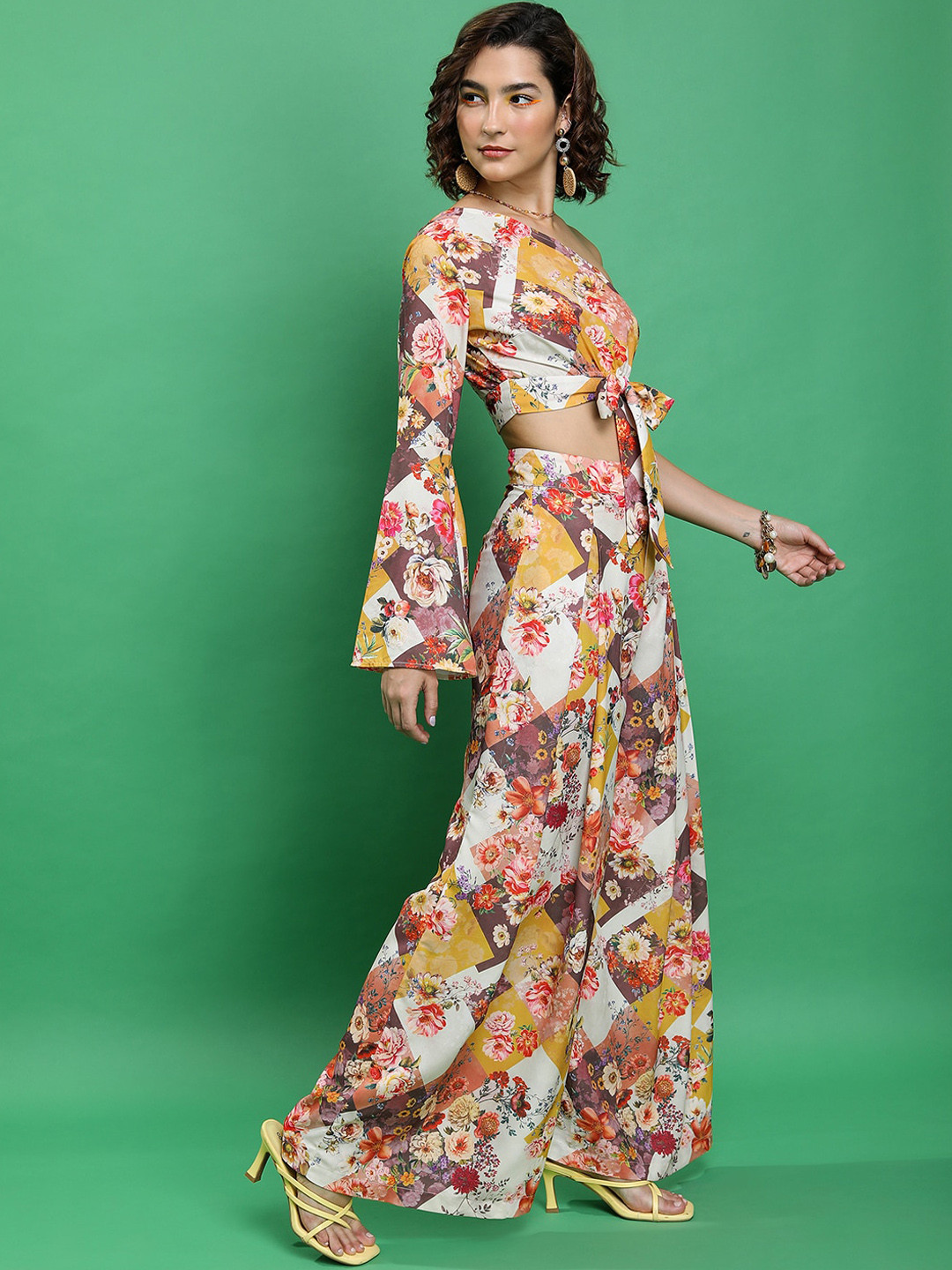 Tokyo Talkies Floral Printed One Shoulder Crop Top with Wide Leg Trousers