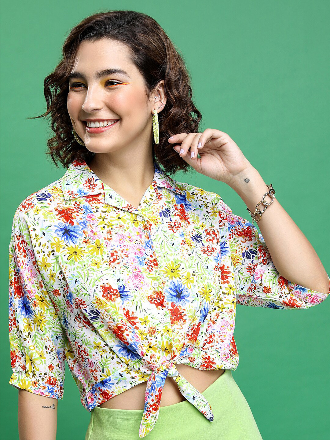 Tokyo Talkies Floral Printed Cropped Shirt Style Top
