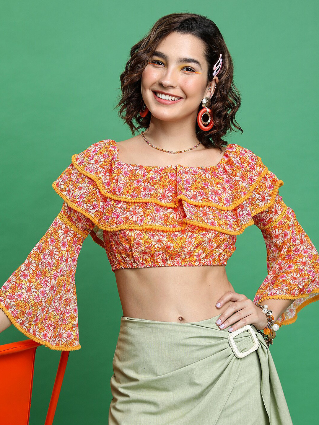 Tokyo Talkies Floral Printed Bell Sleeve Blouson Crop Top