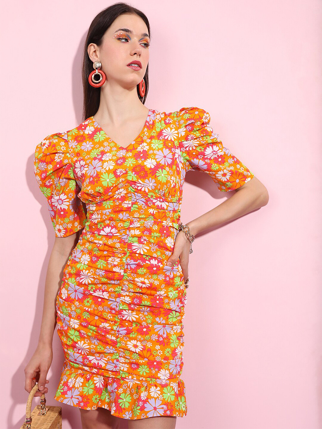 Tokyo Talkies Ruched Orange Floral Printed Ruched Sleeves Gathered Sheath Dress