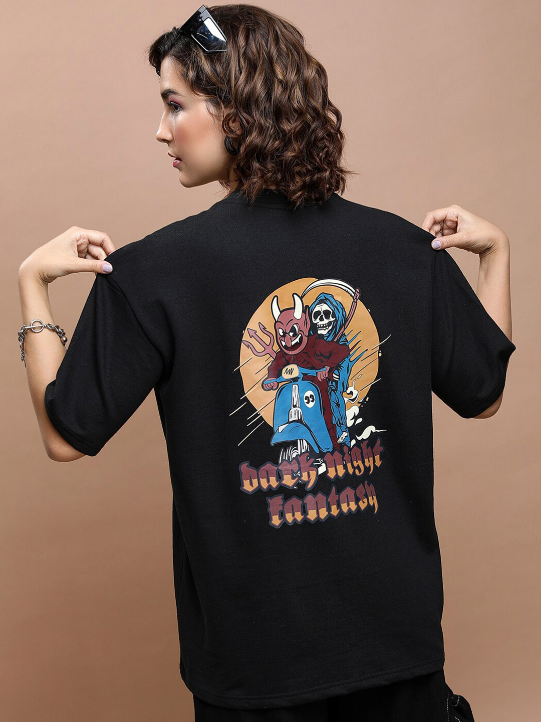 Tokyo Talkies Black & Blue Graphic Printed Drop-Shoulder Oversized T-Shirt