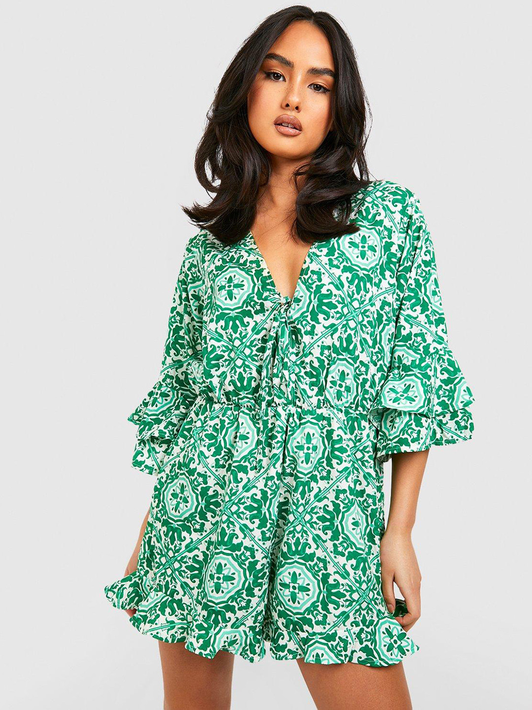 Boohoo Printed Ruffles Playsuit