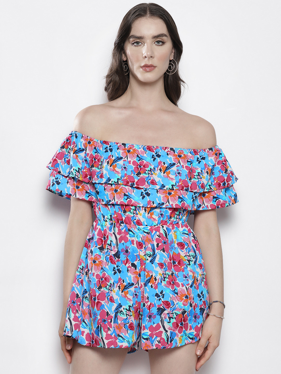 Boohoo Floral Print Layered Bardot Playsuit