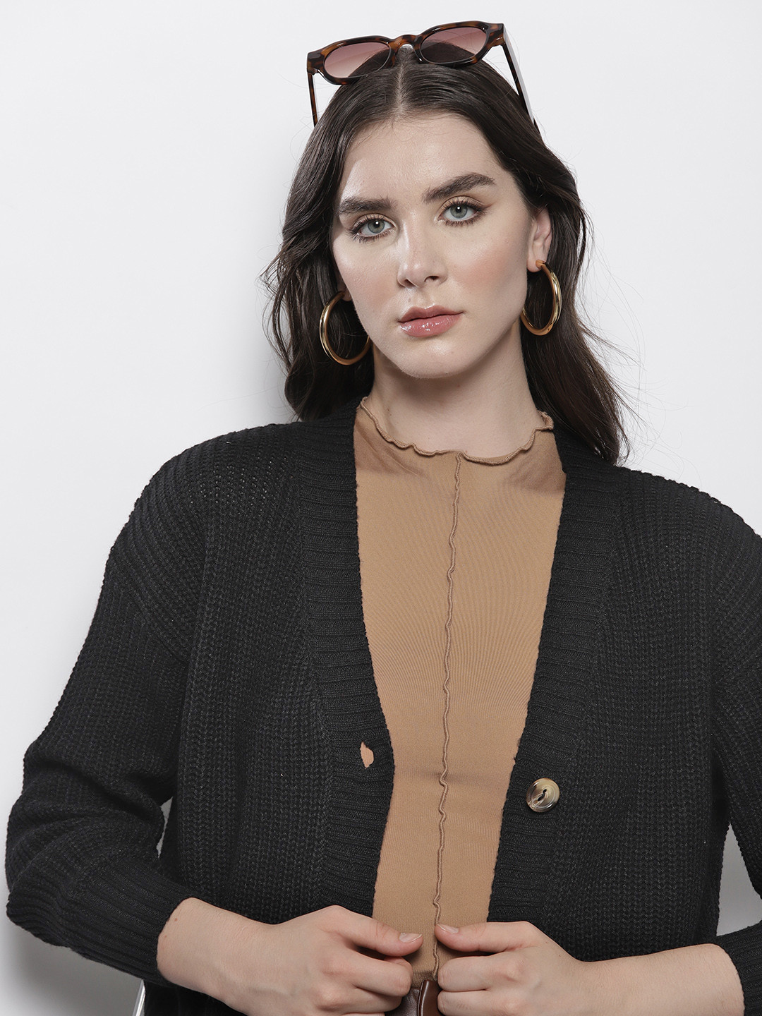 Boohoo Solid Chunky Knit Drop-Shoulder Sleeves Cropped Cardigan