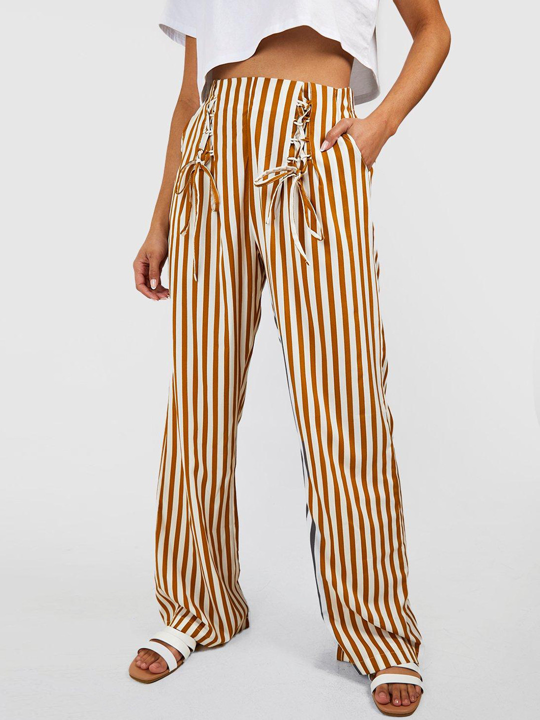 Boohoo Women Striped Lace Up Wide Leg Trousers