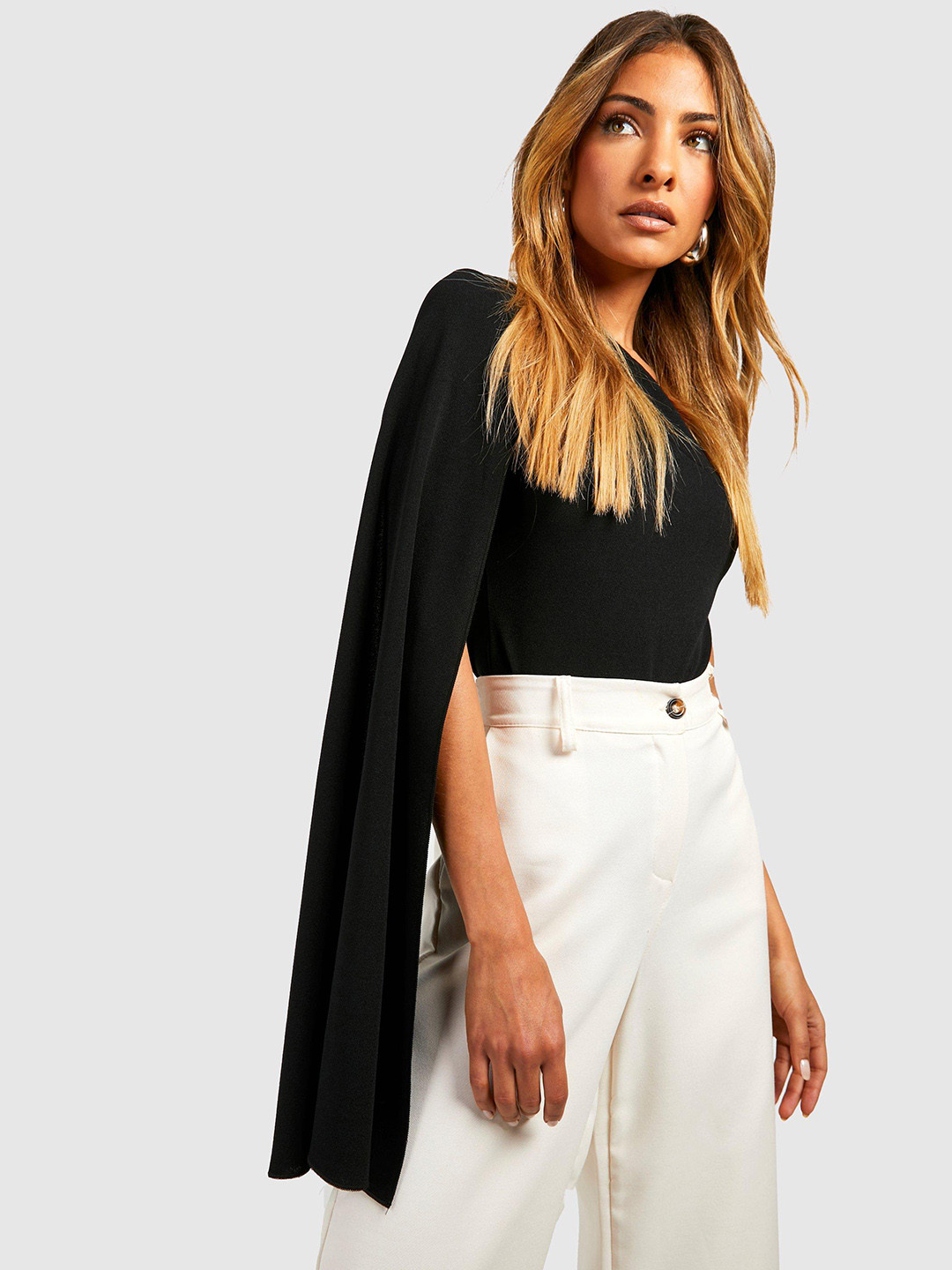 Boohoo One Shoulder Cape Sleeve Bodysuit