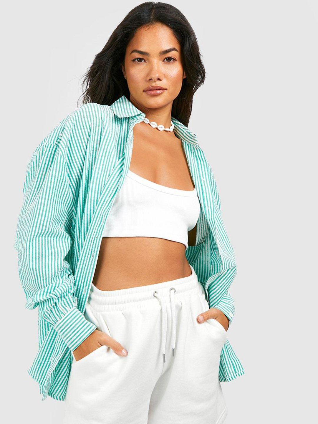 Boohoo Striped Seersucker Cotton Casual Shirt