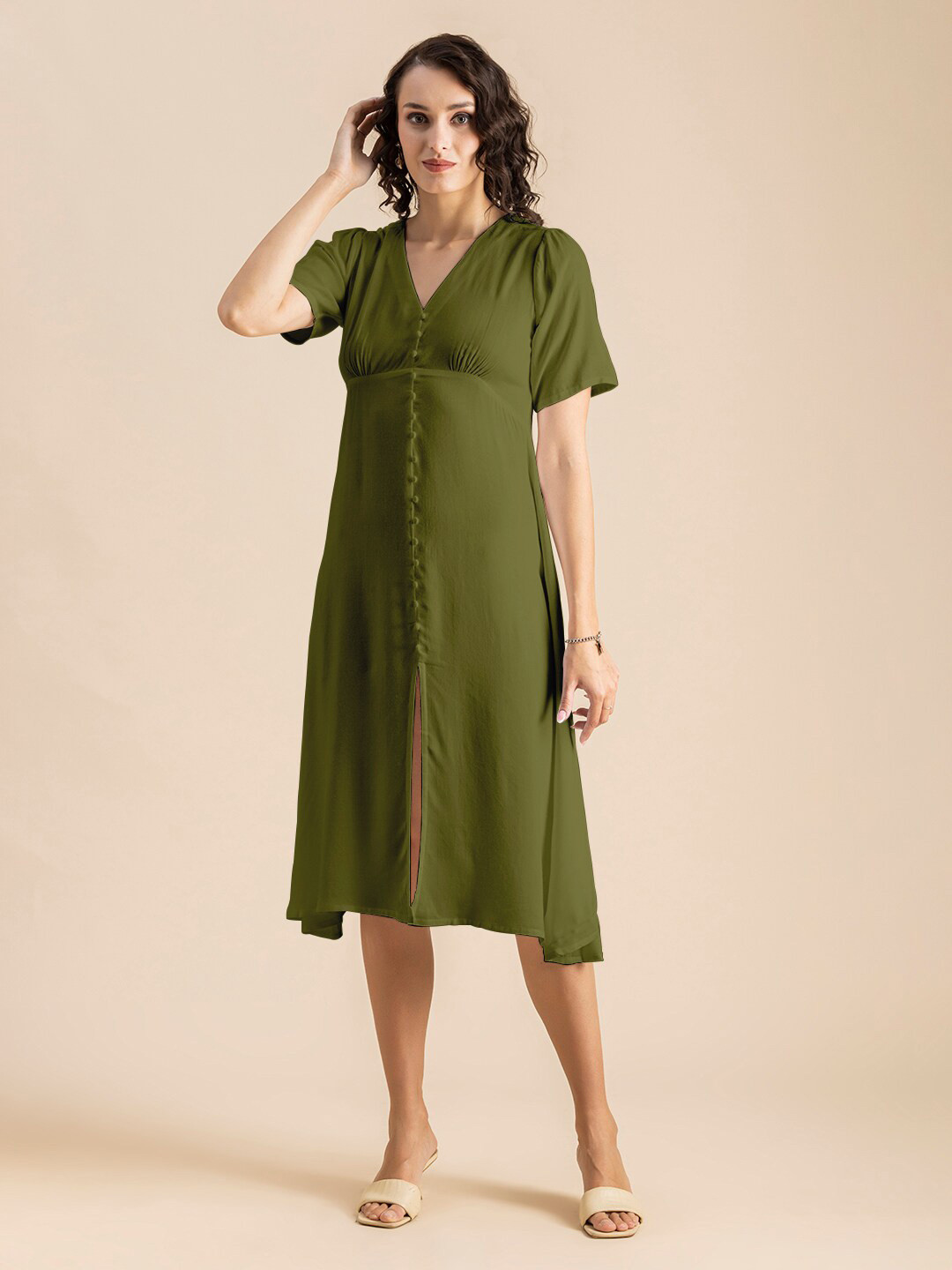 Moomaya Puffed Sleeves Front Slit A-Line Midi Dress