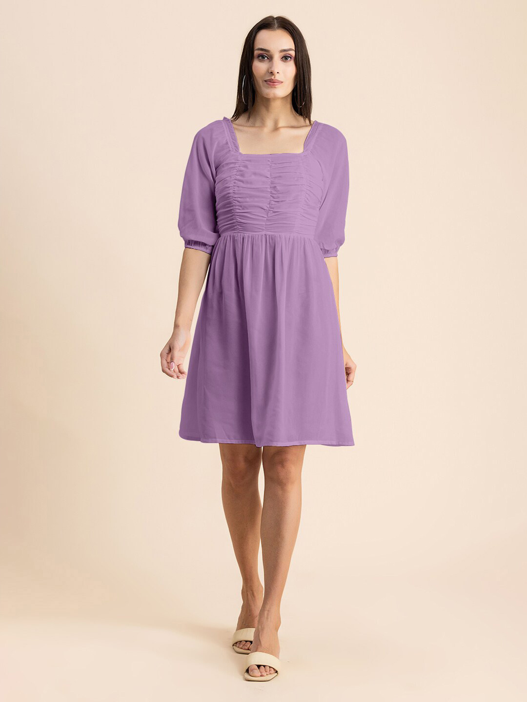 Moomaya Square Neck Ruched A Line Dress