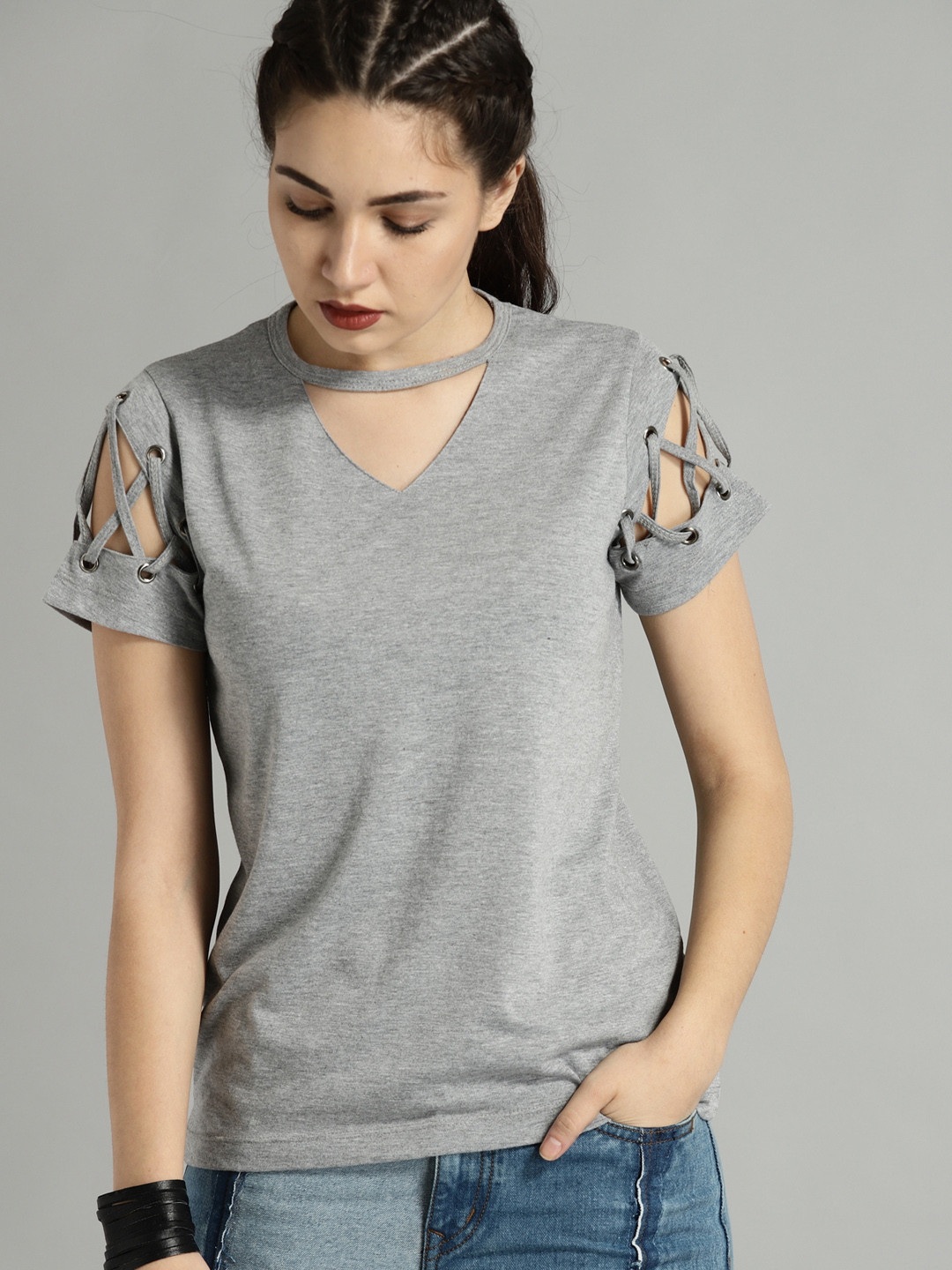 Roadster Time Travlr Women Grey Melange Solid Top