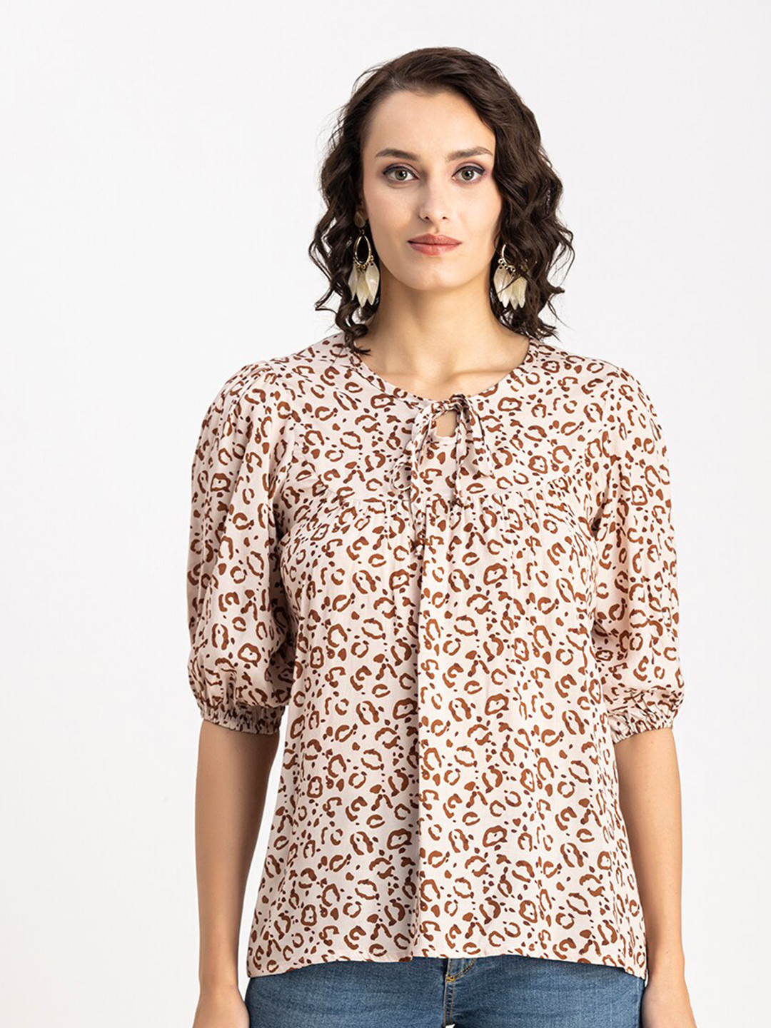 Moomaya Animal Print Tie-Up Neck Puff Sleeves Longline Top