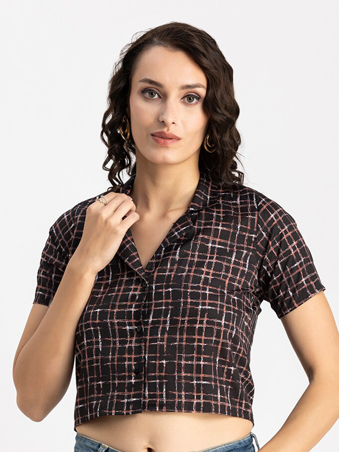 Moomaya Checked Cuban Collar Crop Casual Shirt