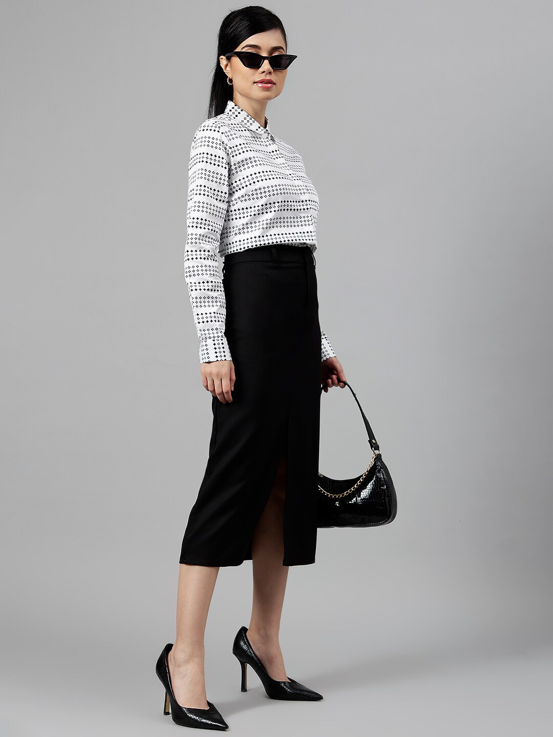 Hancock Women Microditsy Printed & Striped Cotton Satin Regular Fit Formal Shirt