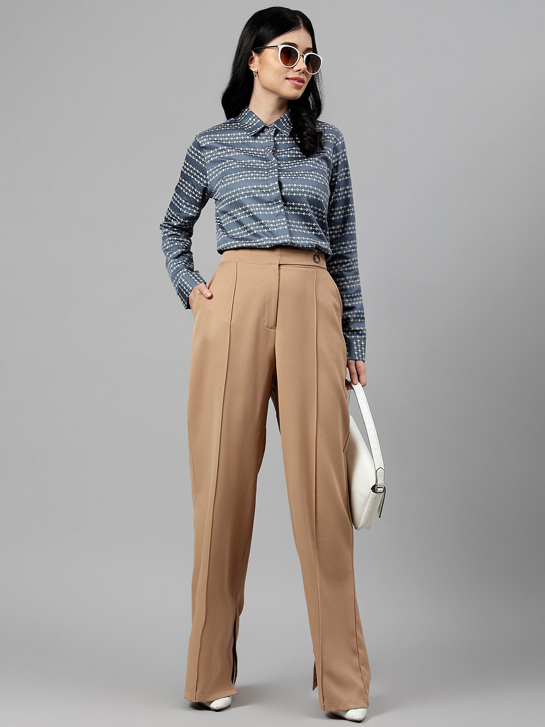 Hancock Women Microditsy Printed & Striped Cotton Satin Regular Fit Formal Shirt