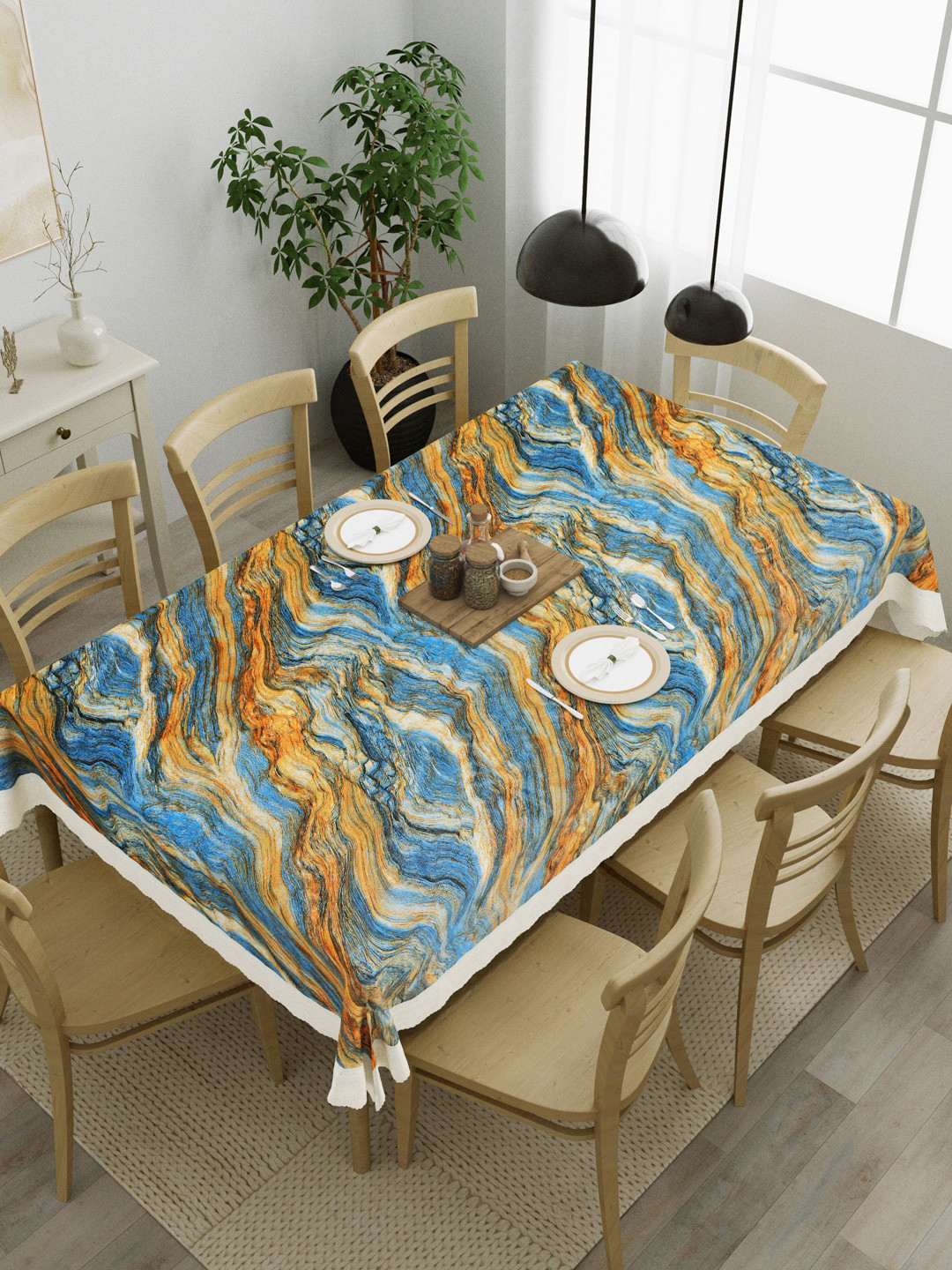 Clasiko Blue & Yellow Printed 6 Seater Table Cover