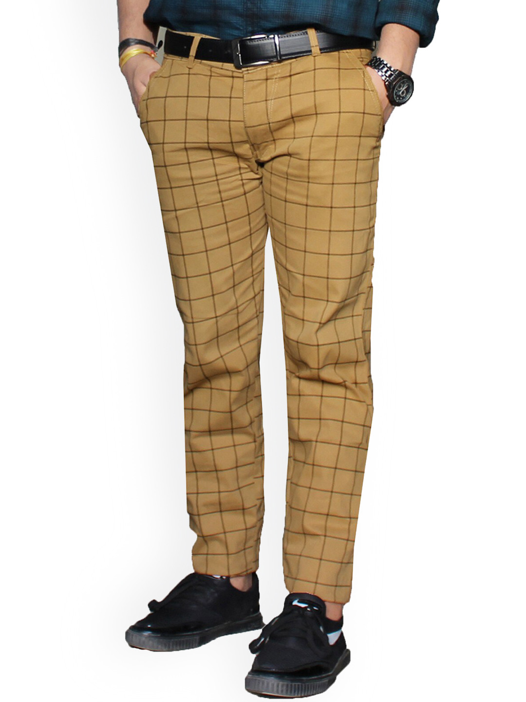 FUBAR Men Checked Relaxed Slim Fit Mid-Rise Easy Wash Cotton Chinos