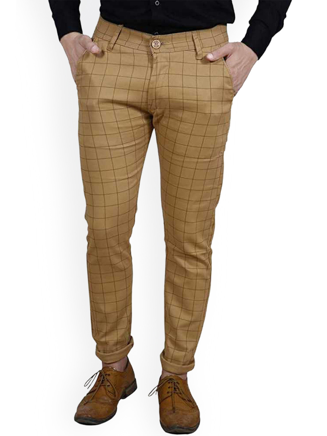 FUBAR Men Checked Relaxed Slim Fit Mid-Rise Easy Wash Cotton Chinos