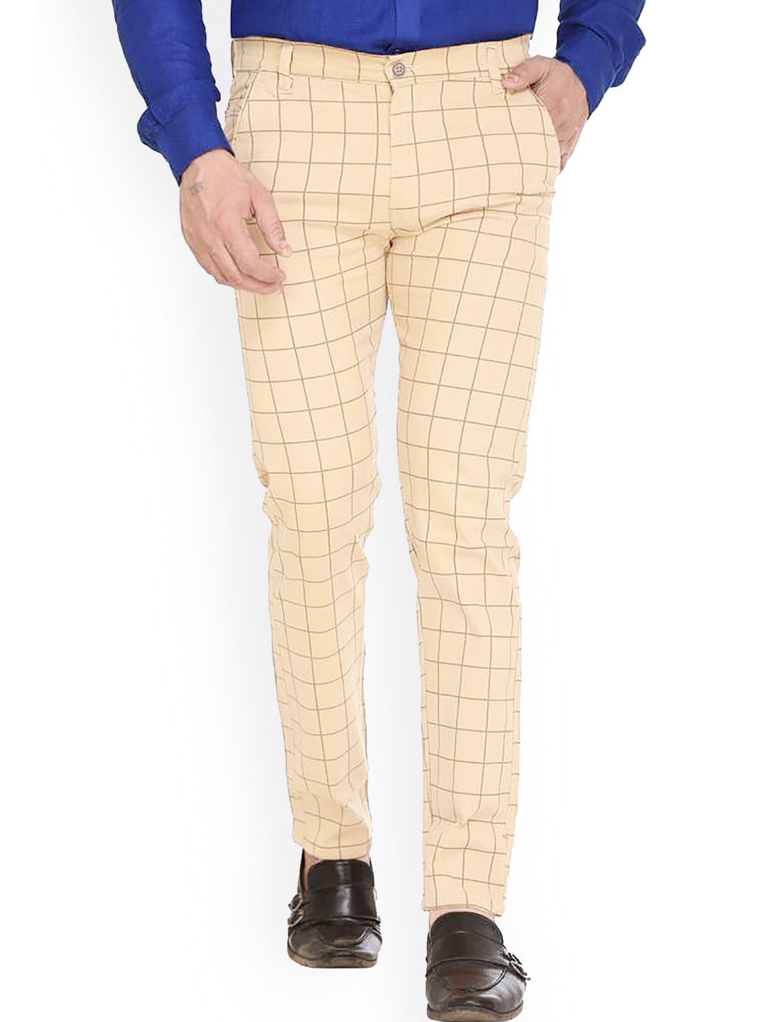 FUBAR MenChecked Relaxed Slim Fit Easy Wash Cotton Chinos Trousers