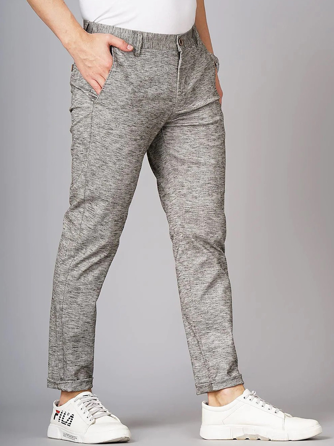 FUBAR Men Relaxed Slim Fit Self Designed Easy Wash Trousers