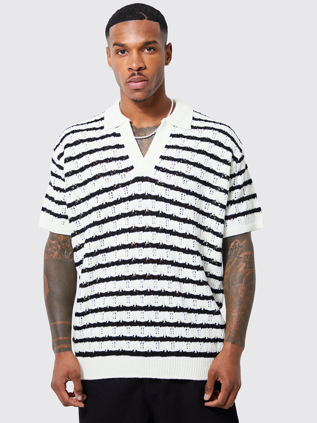 boohooMAN Acrylic Crochet Striped Polo Collar Oversized T-shirt